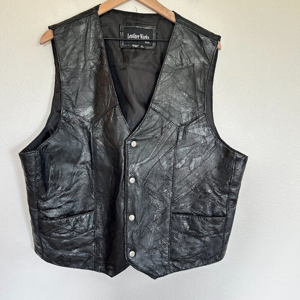 Vtg Leather Works Vest XL Black Patchwork Leather Snap Front Biker Moto USA